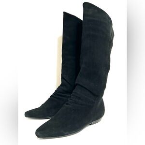 Vintage 80s Genuine Suede Slouch Boots Black Pul lOn Flat Pointed Toe Ruched 7
